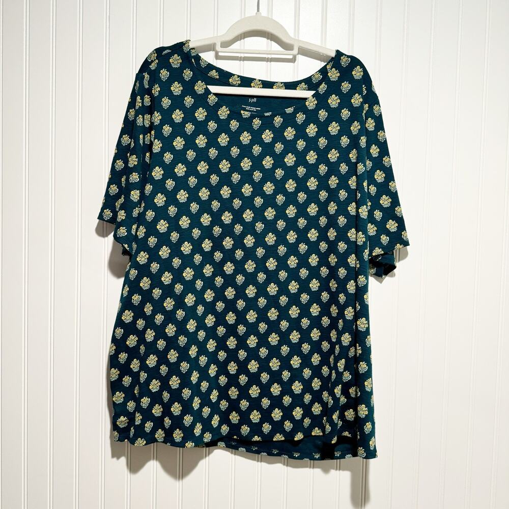J Jill Pima Slub Scoop Neck Side Split Tee Teal Patterned Pima Cotton Size 3X